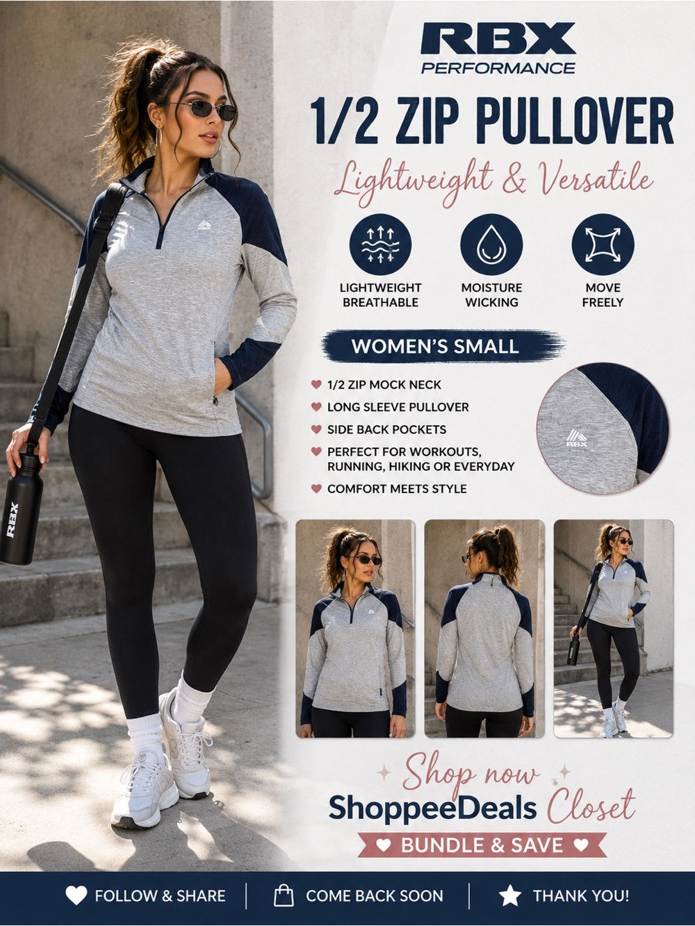 RBX Performance Lightweight 1/2 Zip Pullover Athletic Top – Gray & Navy